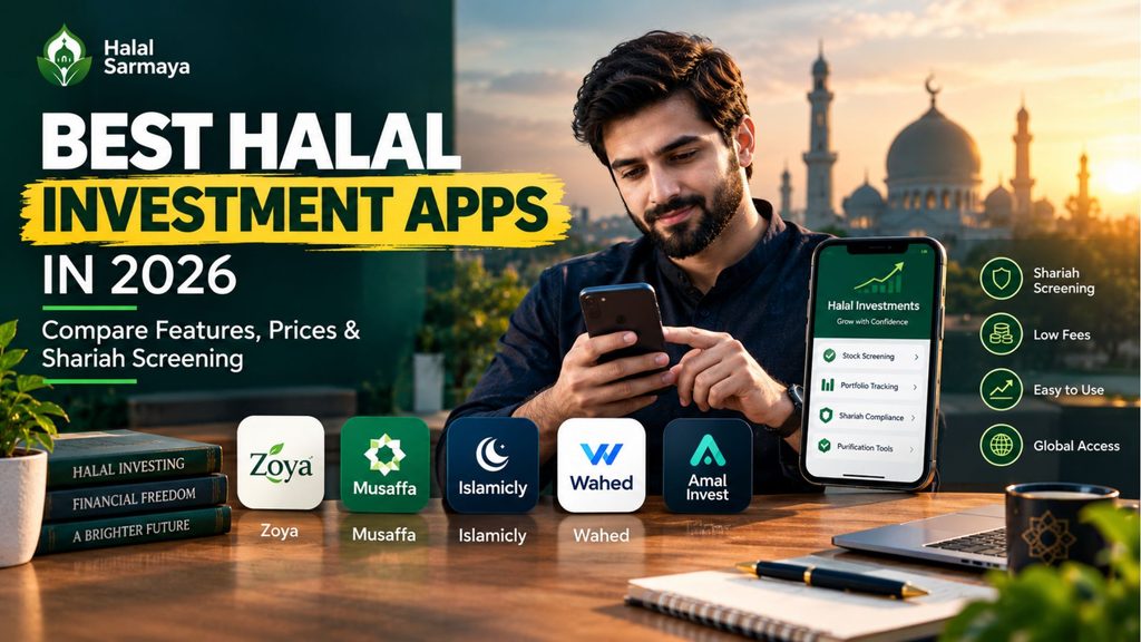 Best halal investment apps in 2026 featuring Zoya, Musaffa, Islamicly, Wahed, and Amal Invest, with Shariah screening, portfolio tracking, pricing, and halal investing tools.
