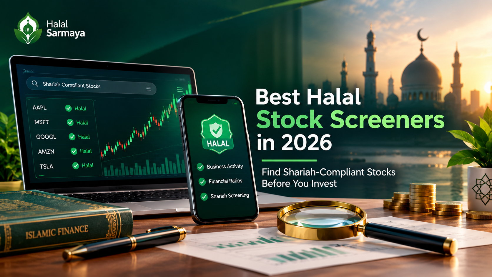 Best halal stock screeners in 2026 featuring Shariah-compliant stock screening tools, financial ratios, business activity checks, and halal investment research.